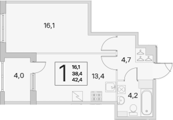 1-комнатная квартира 38.4 м², 2/5 эт., ЖК «ЮгТаун. Олимпийские кварталы»
